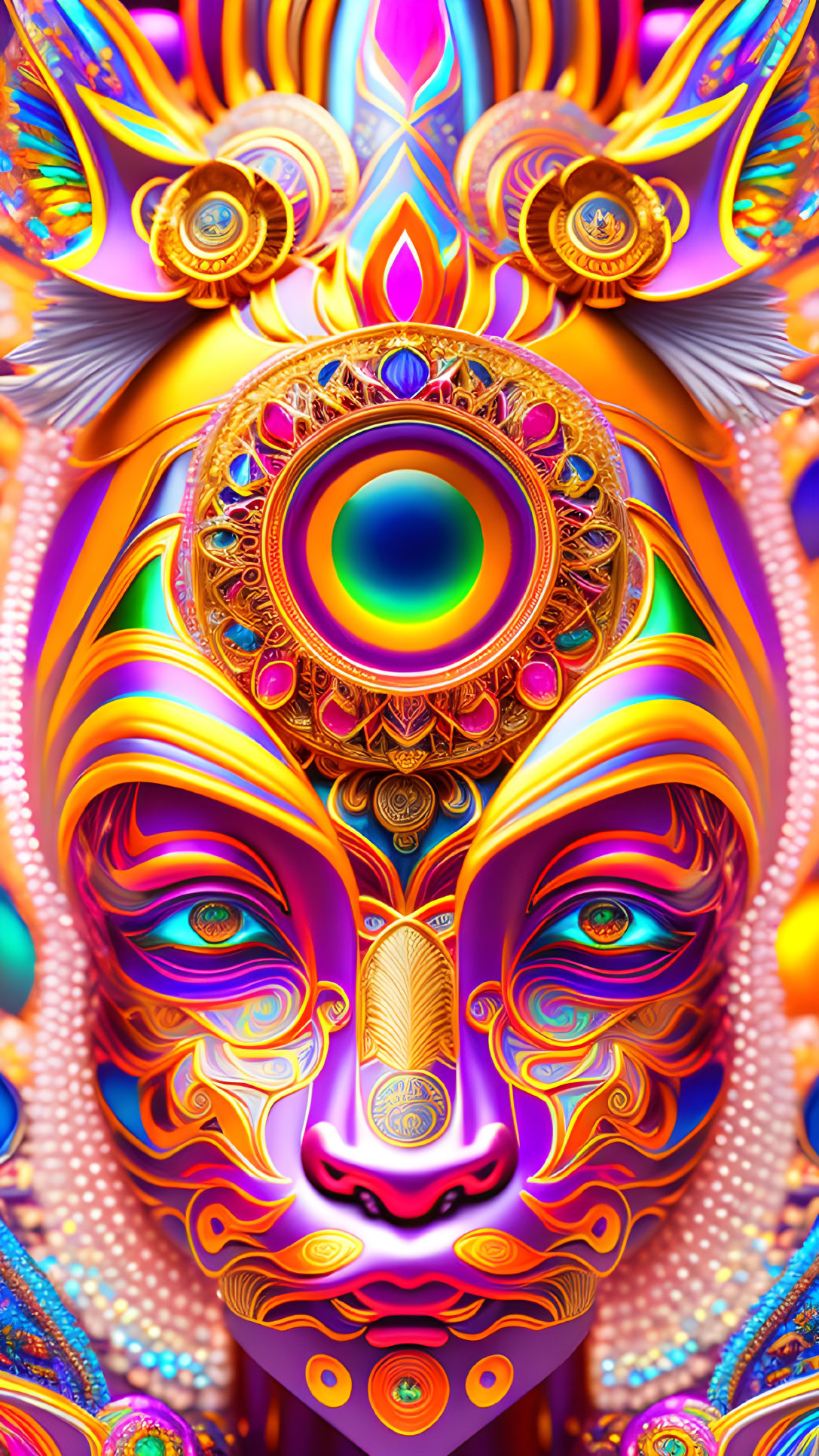 Symmetrical psychedelic portrait with intricate patterns and vivid colors