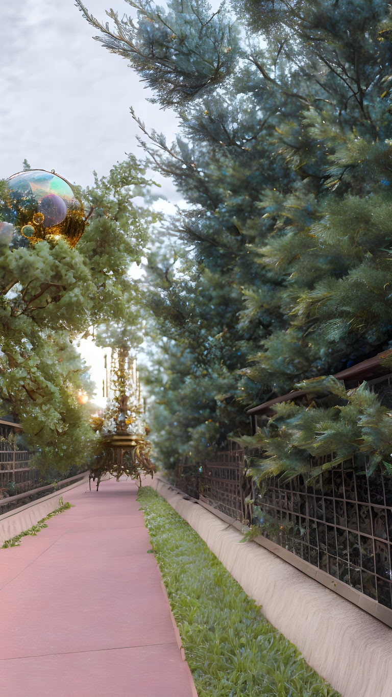 Pine tree-lined walkway with festive decorations under pink sky