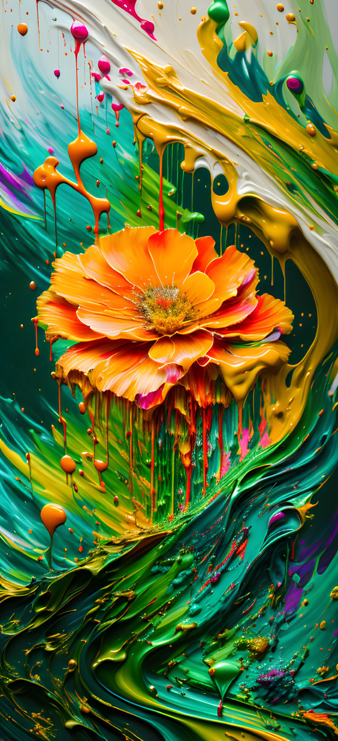 Abstract painting with vibrant orange-yellow flower and swirling paint.