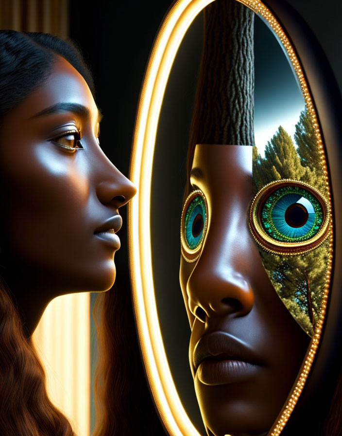 Dual-faced woman reflects mechanical and human features in mirror scene.