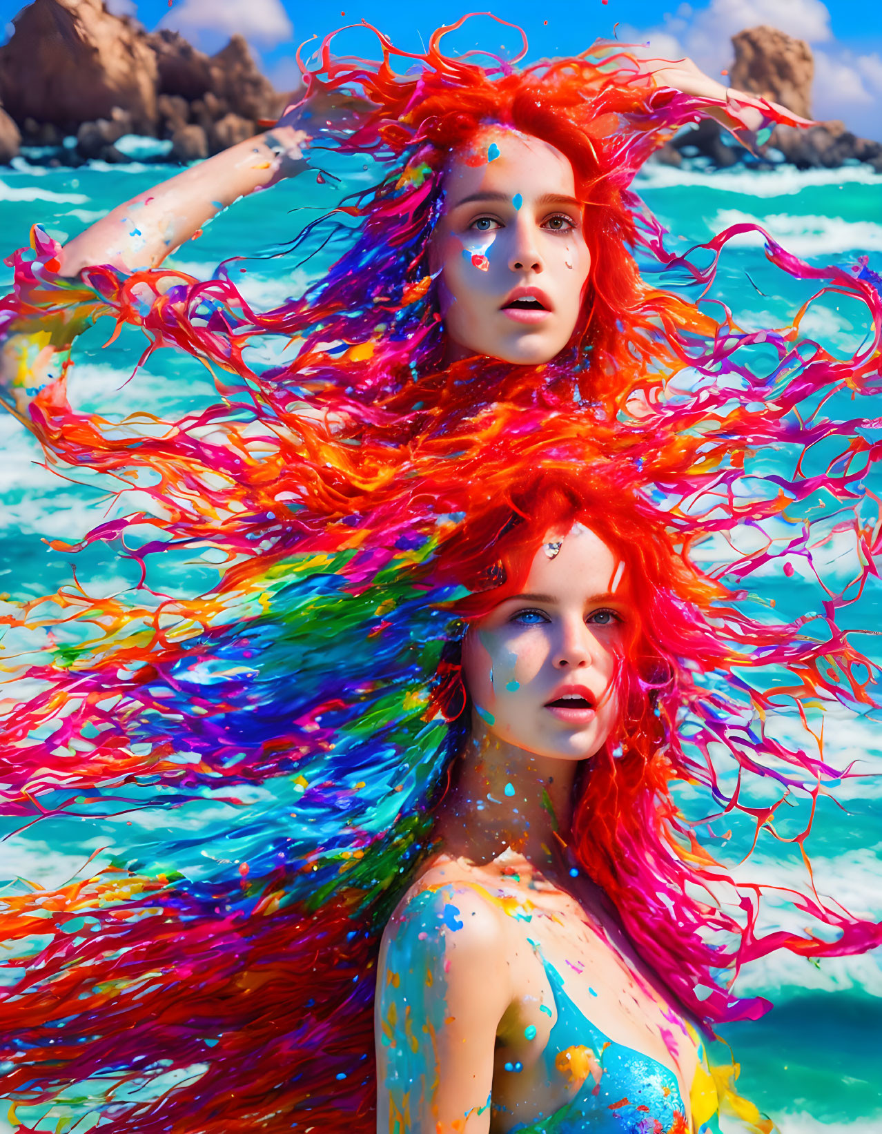 Vibrant rainbow-colored hair woman emerging from sea with paint splashes on rocky coast.