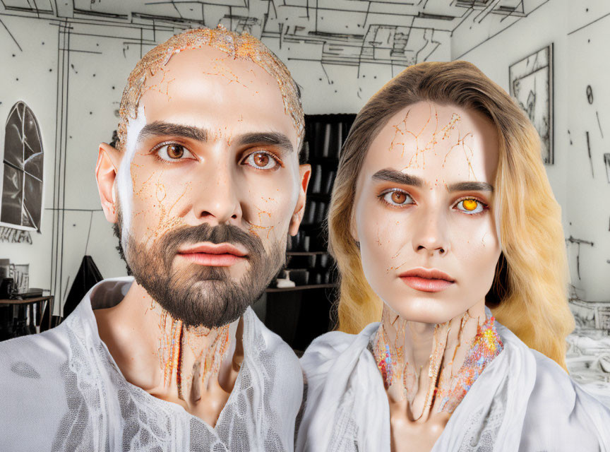 Digital effects create cracked skin on two individuals against a sketch-like backdrop