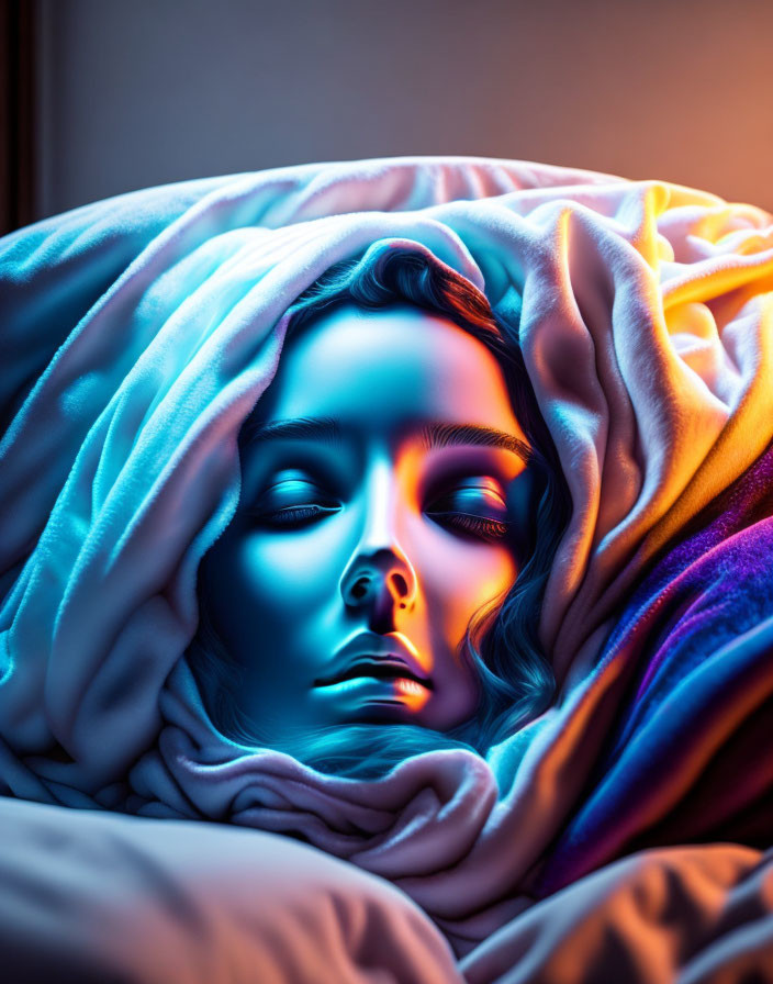 Serene person covered in colorful blankets under soft, multicolored light