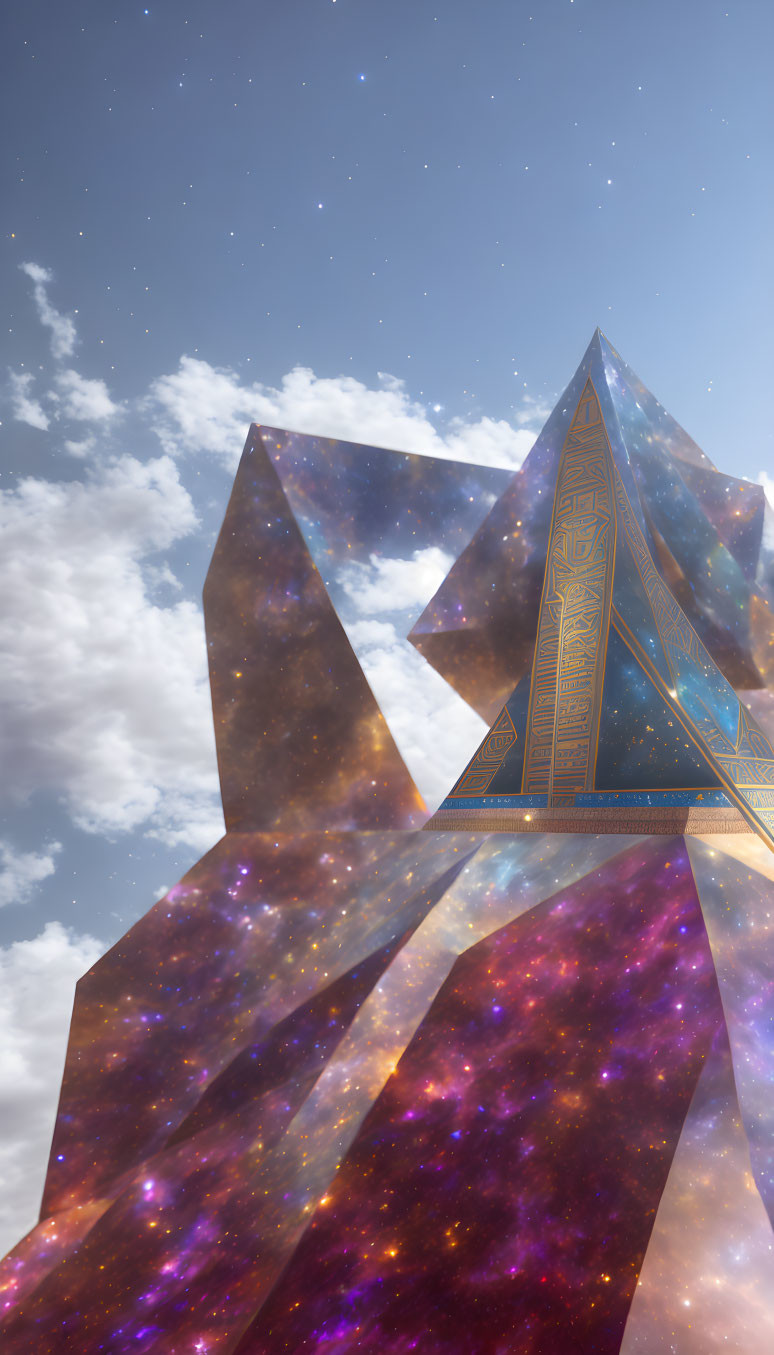 Surreal crystal-like pyramid structure with cosmic star-filled textures