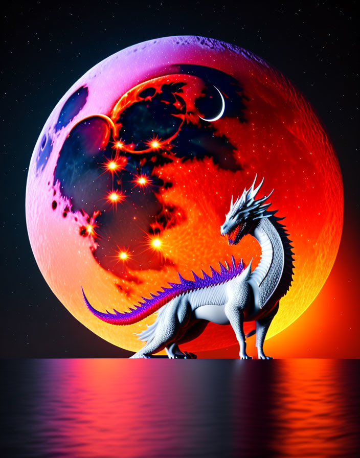 Majestic dragon and celestial body under starry sky