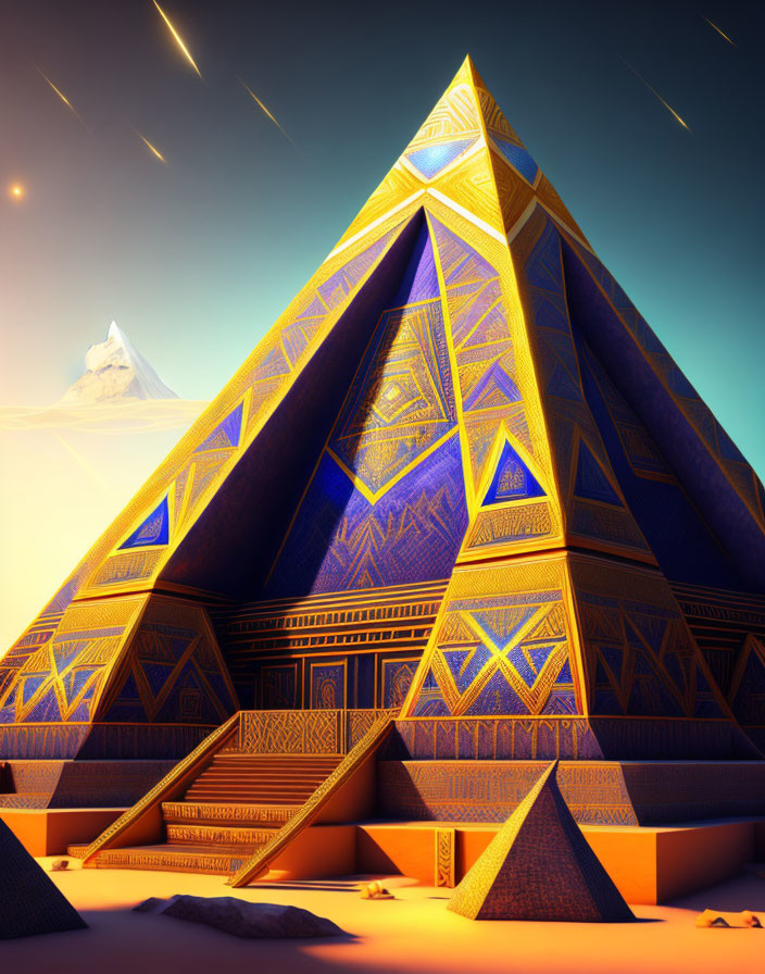 Illuminated blue and gold pyramid under twilight sky