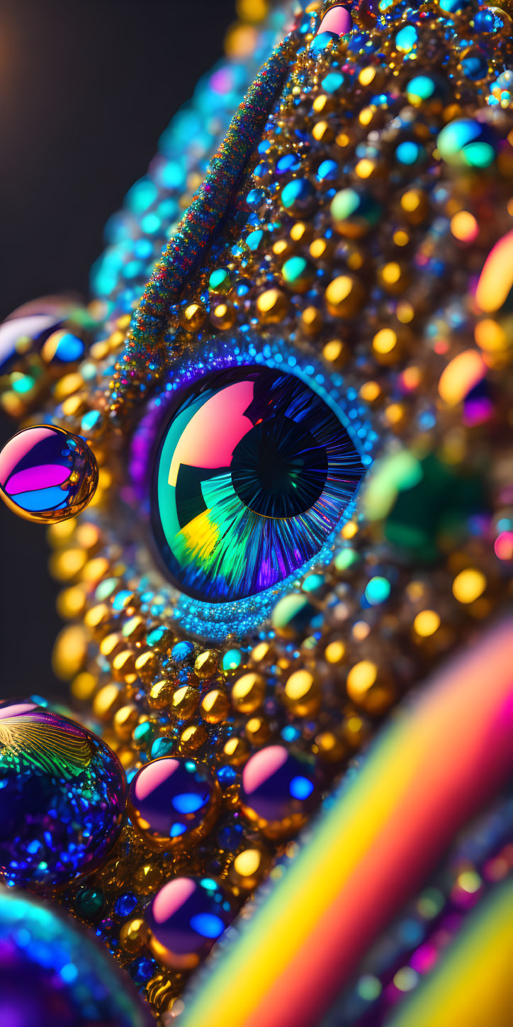 Colorful Bejeweled Surface with Eye-Like Design and Beads