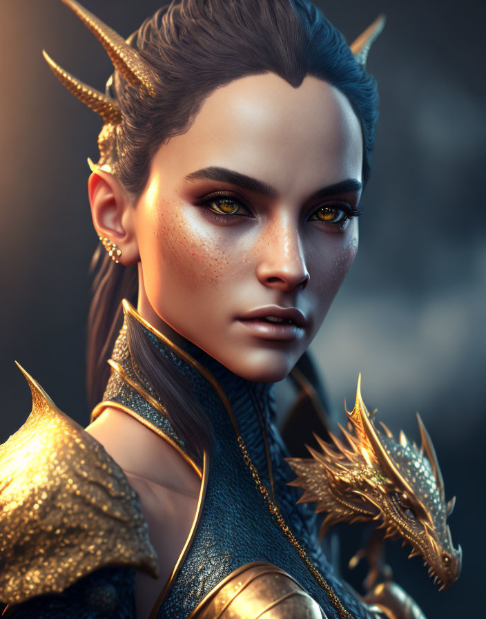 Fantasy digital artwork: female character with horns, golden armor, small dragon.