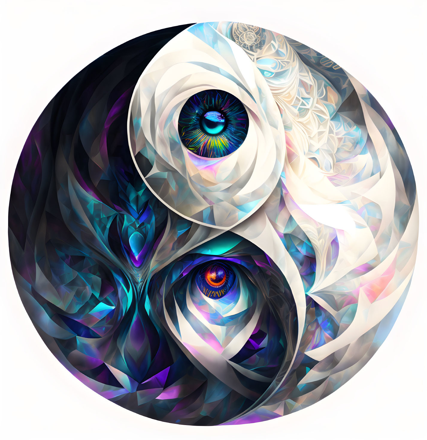 Abstract Yin-Yang Art with Vibrant Eyes in Intricate Patterns