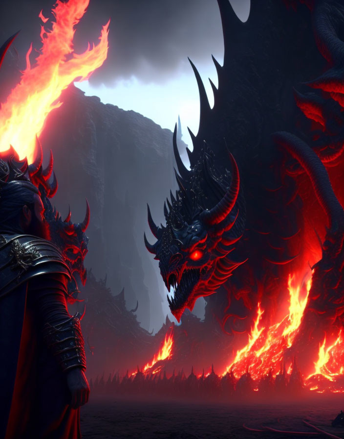 Knight in armor confronts menacing black dragon in volcanic landscape