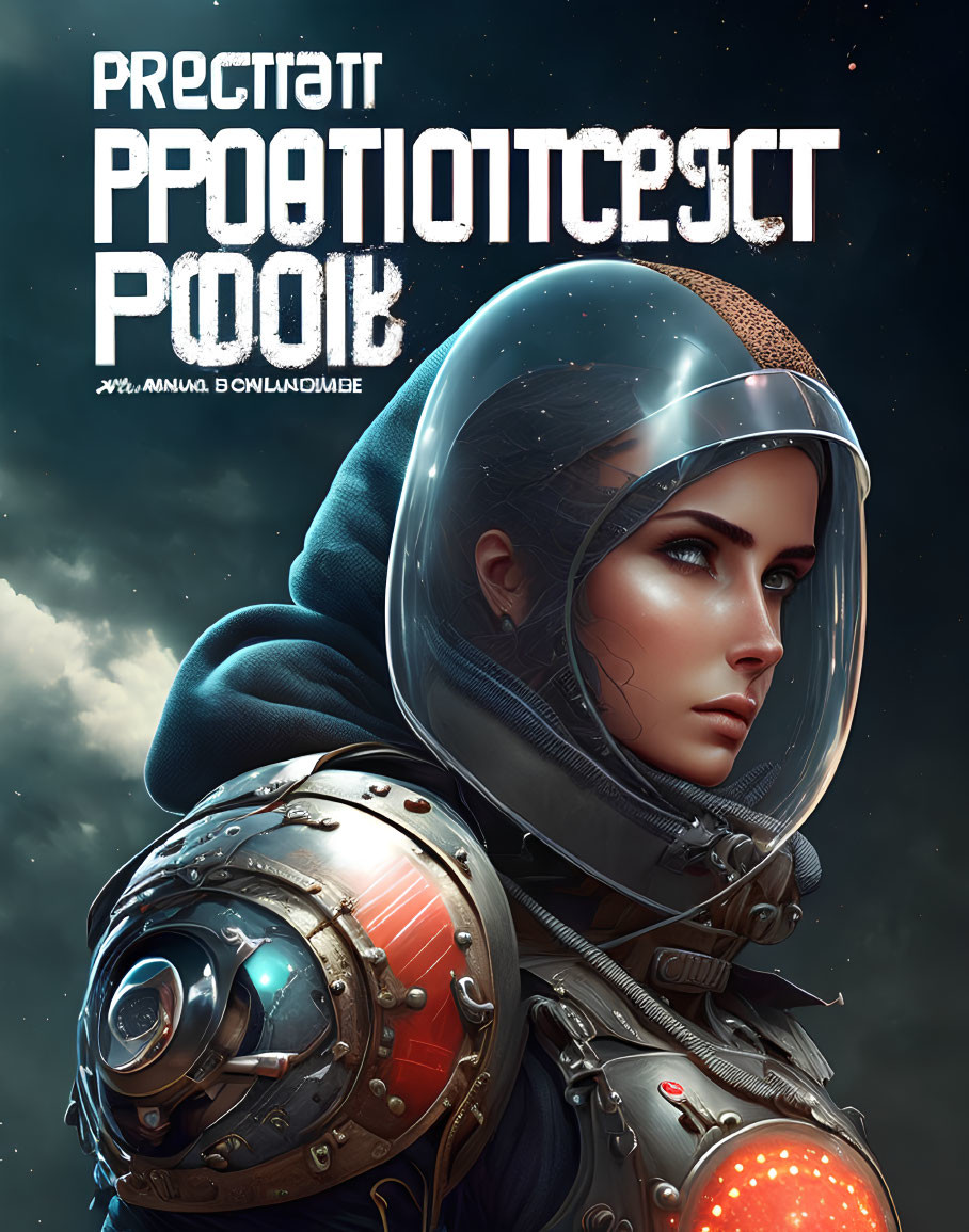 Detailed Female Astronaut Illustration in Spacesuit with Cyrillic Text on Cosmic Background