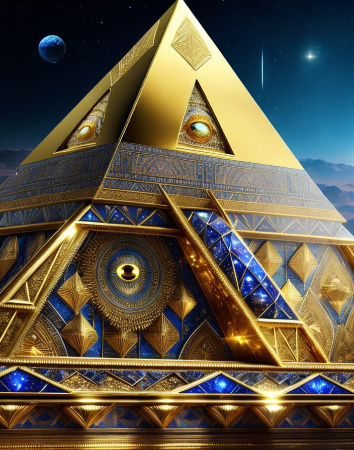 Futuristic pyramid with eye motif under starry sky