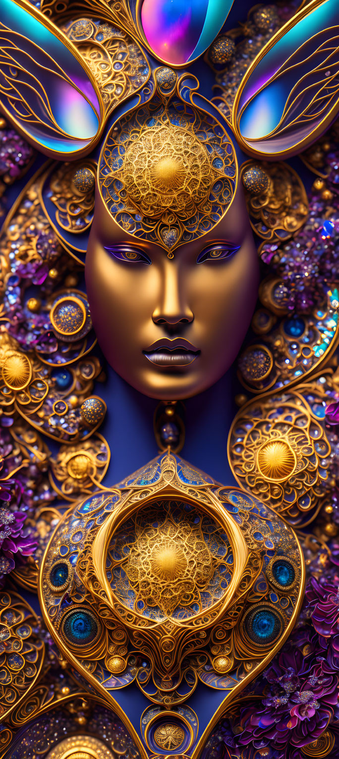 Intricate surreal face with fractal patterns in purple and gold