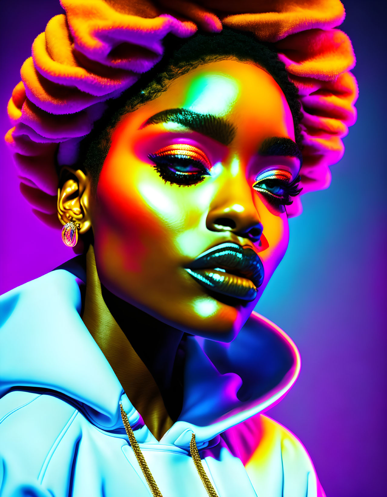 Colorful lighting illuminates woman's vibrant portrait with bold makeup and stylish hair.