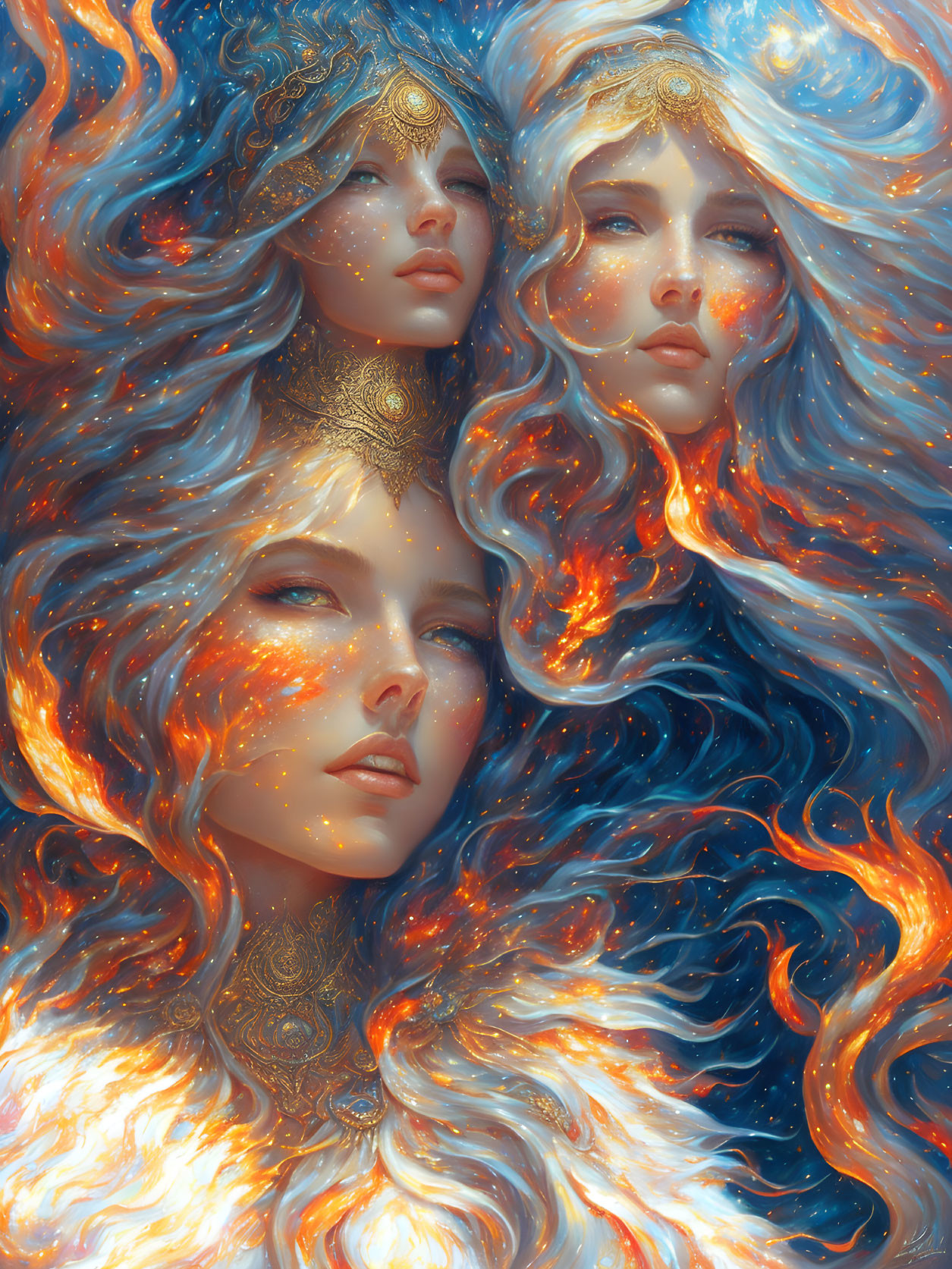 Ethereal female figures with gold headpieces and flowing hair on cosmic background