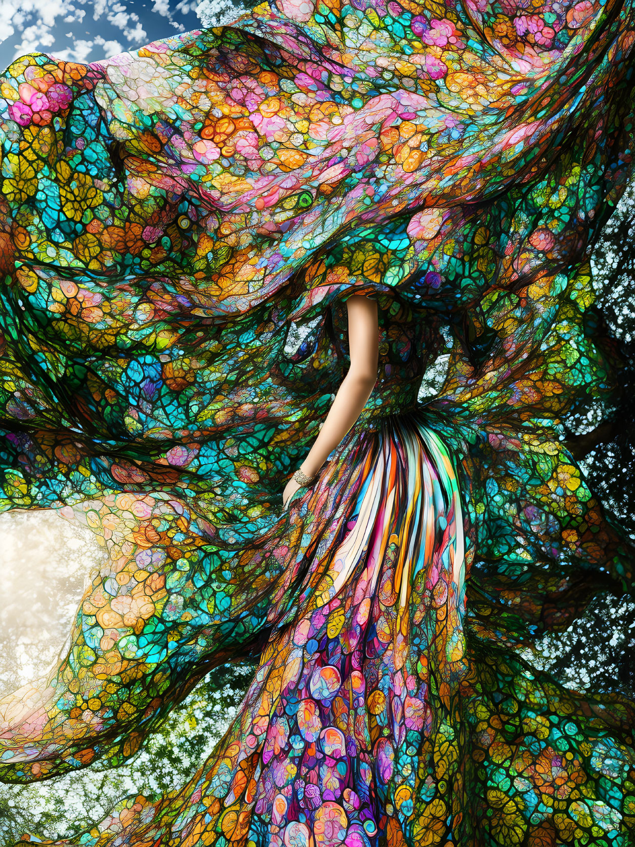 Colorful flowing gown against tree and sky backdrop