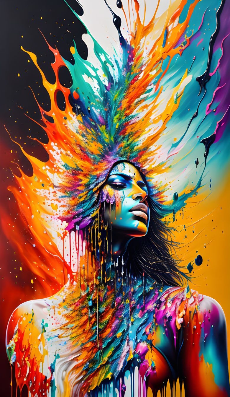 Colorful Woman Artwork with Paint Splatter Background