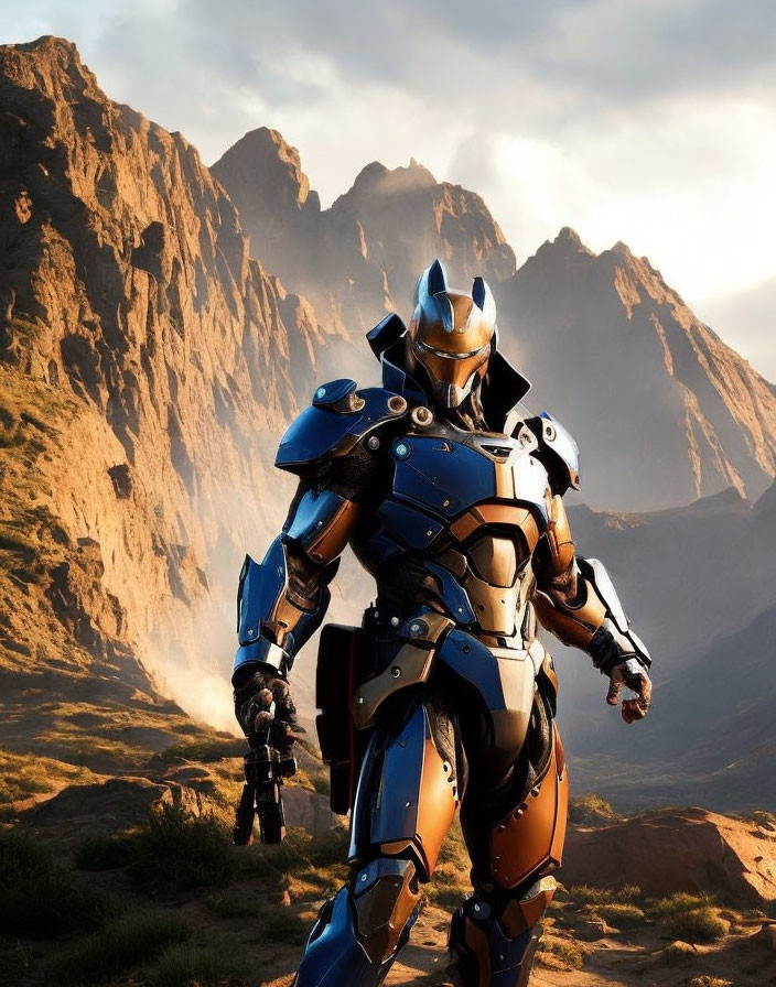 Armored robot in mountainous terrain at sunrise or sunset