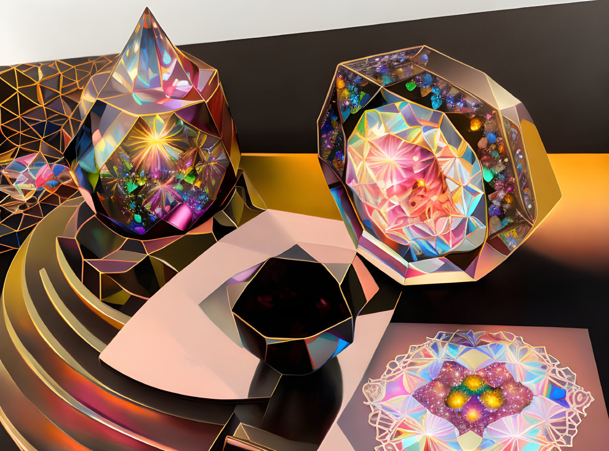 Colorful Gemstone and Geometric Pattern Digital Art on Reflective Surface