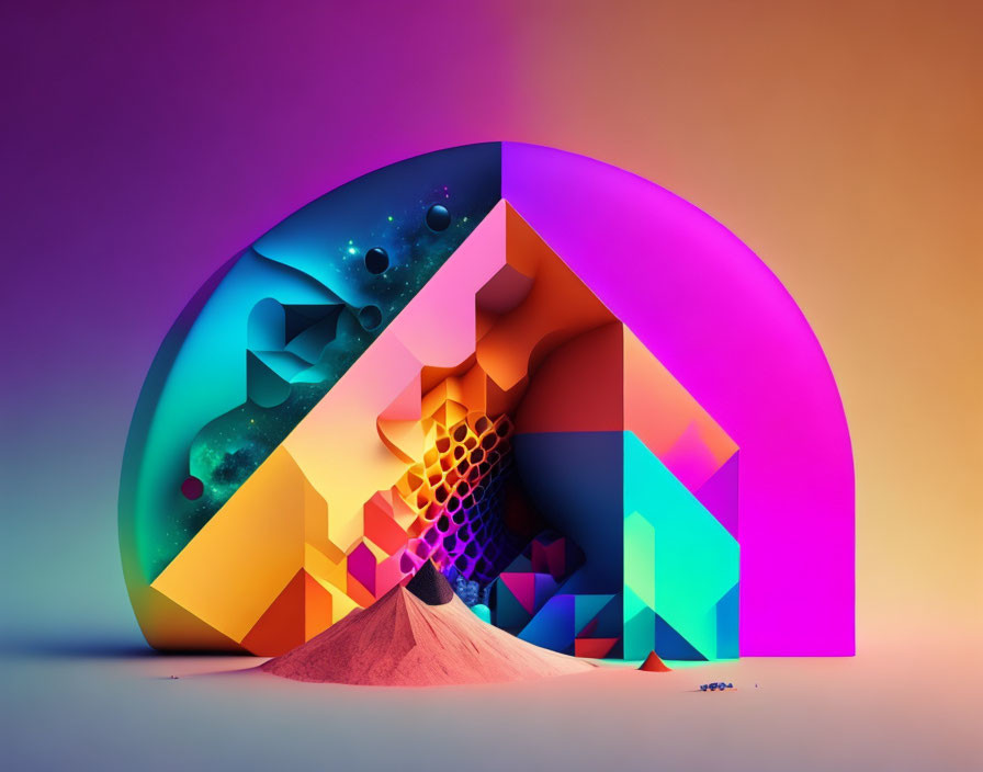 Colorful 3D abstract artwork with magenta and orange circular arc, showcasing geometric landscape.