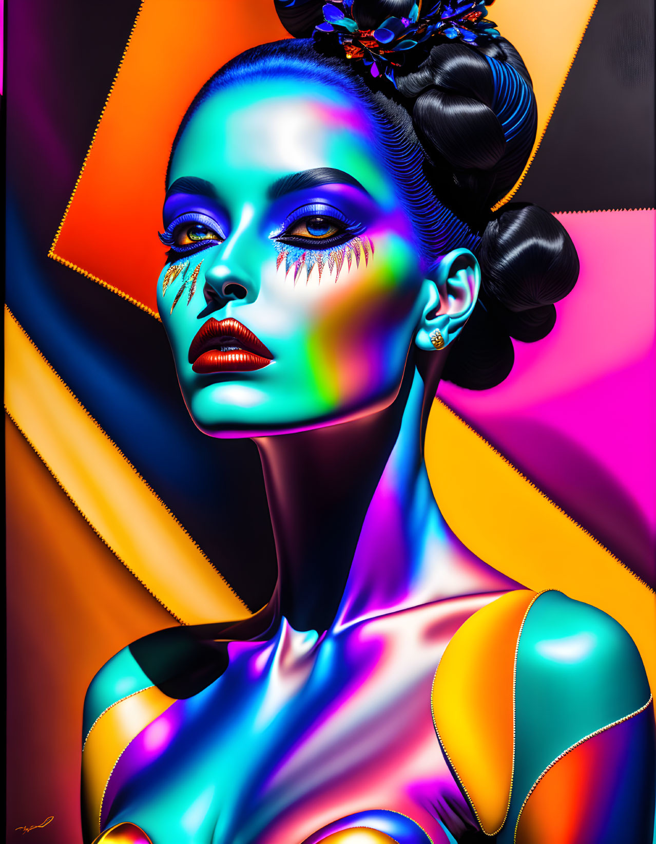 Colorful digital portrait of woman with exaggerated makeup and futuristic costume