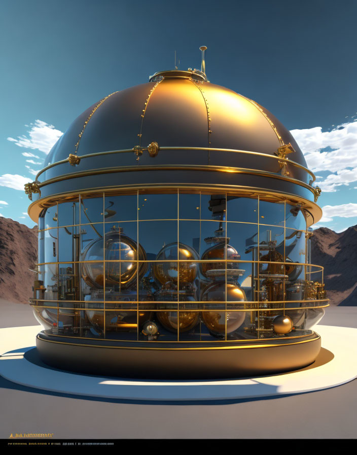 Steampunk observatory with golden domes and mechanical structures against mountain backdrop