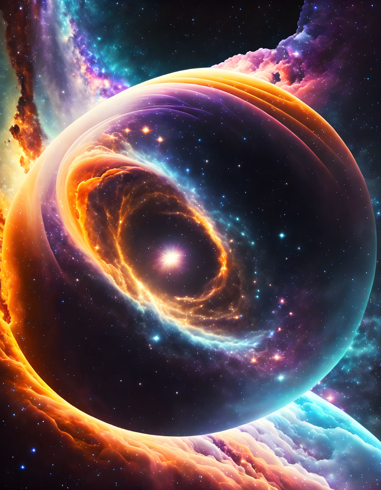 Colorful Planet in Celestial Scene with Swirling Patterns