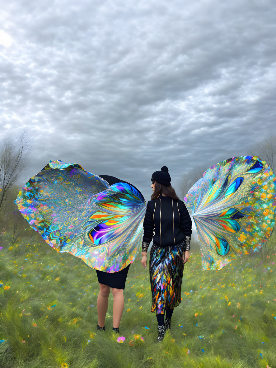 Colorful Butterfly Wings Person in Flower Field Under Cloudy Sky