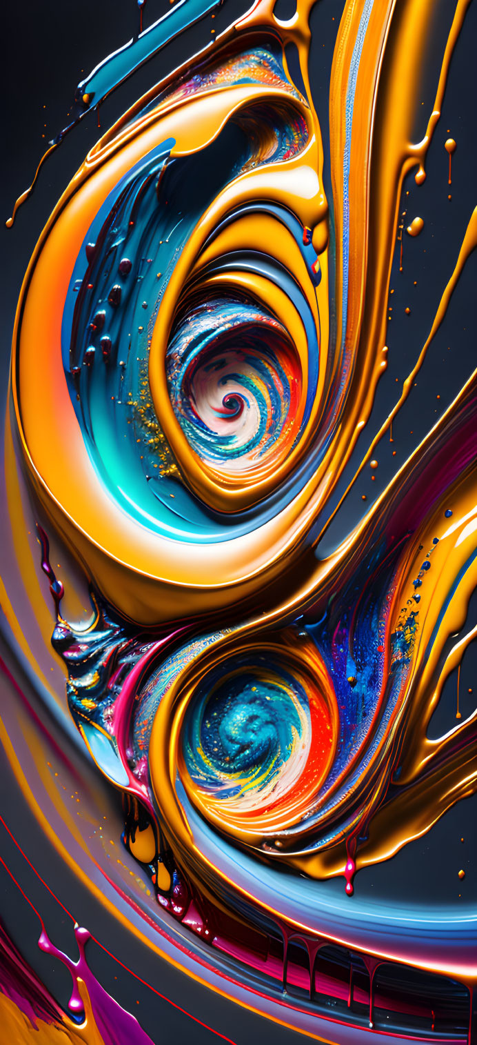 Abstract Marbled Art Piece with Swirling Blues, Oranges, and Golds