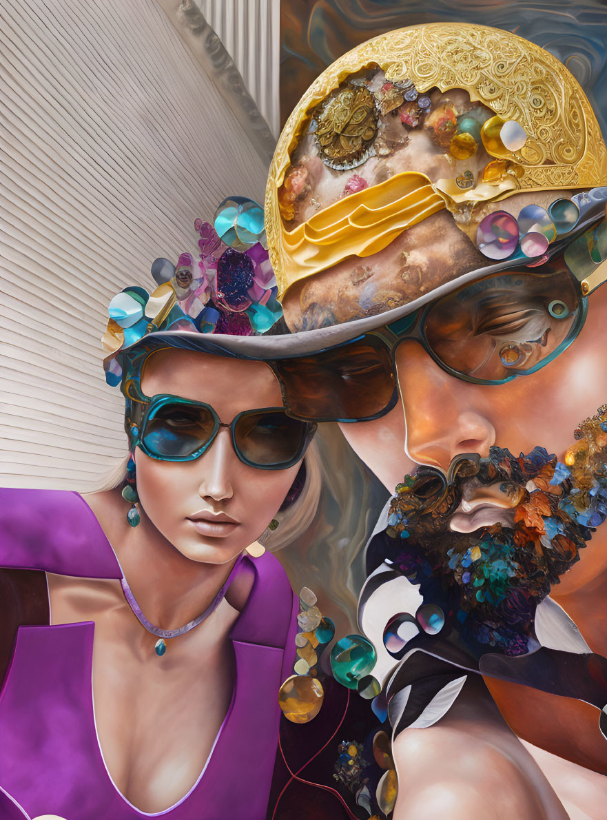 Colorful surreal portrait with ornate headwear and glasses