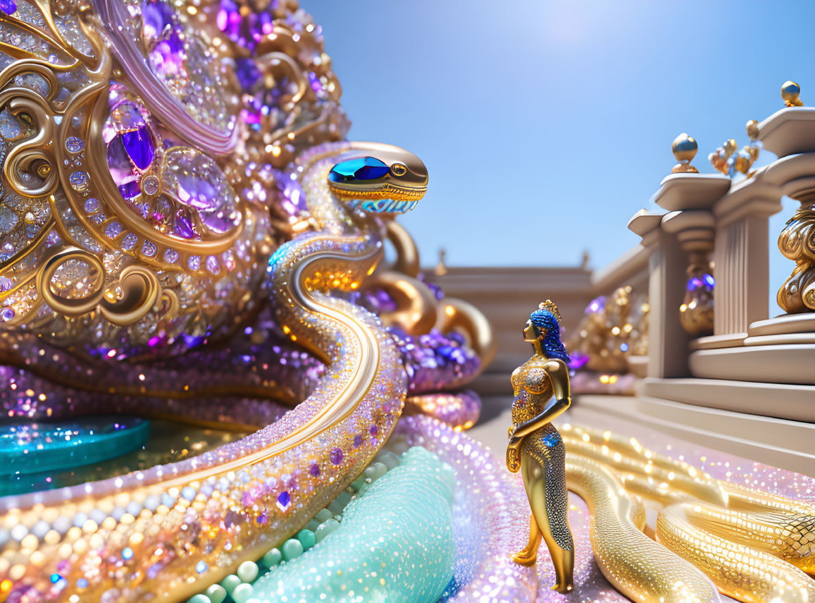 Golden humanoid and gem-adorned snake in ornate fantasy setting