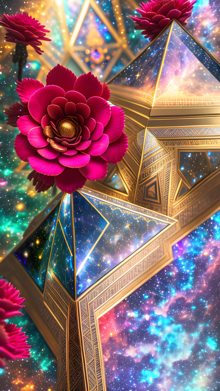 Vibrant digital artwork: Golden geometric shapes, cosmic starfield, red flowers