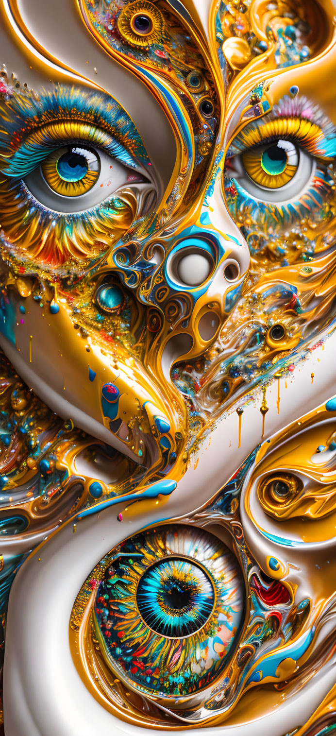 Vibrant surreal artwork with swirling eye-like patterns