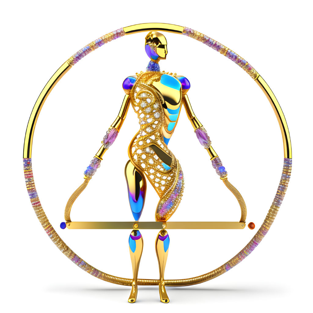 Stylized 3D-rendered Gemini zodiac symbol with twin figures in gold and jewels