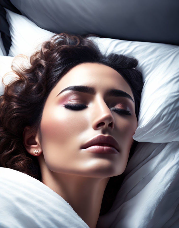 Curly-haired woman peacefully sleeping on white pillow and dark sheet