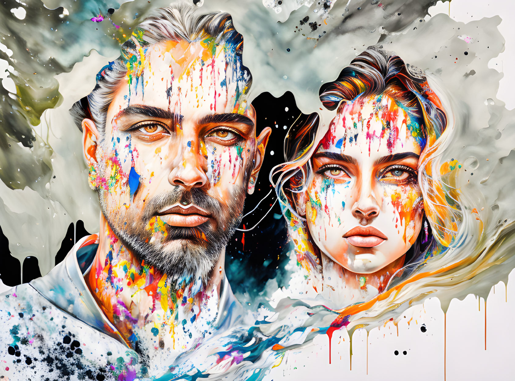 Colorful Abstract Painting of Man and Woman with Paint Splashes