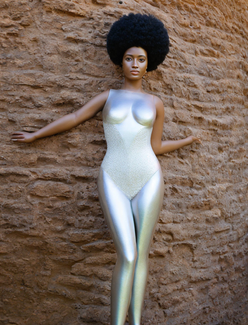 Mannequin with Afro Hairstyle in Silver Bodysuit Against Brown Wall