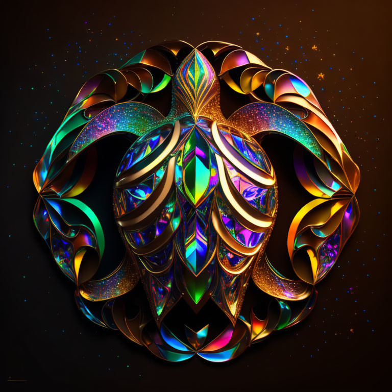 Symmetrical digital artwork with vibrant swirling patterns on dark background