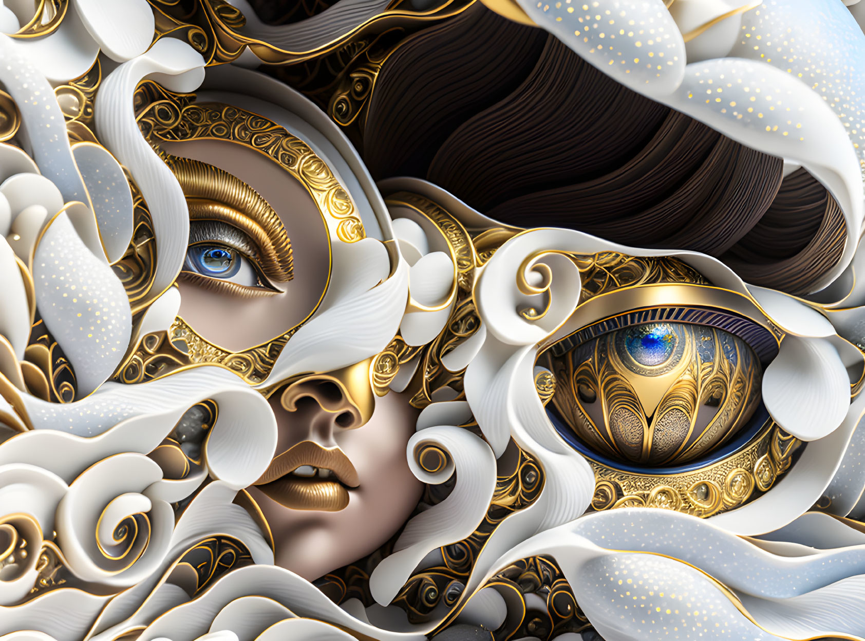 Detailed digital artwork featuring hyper-realistic eyes with ornate golden swirls and cloud-like patterns