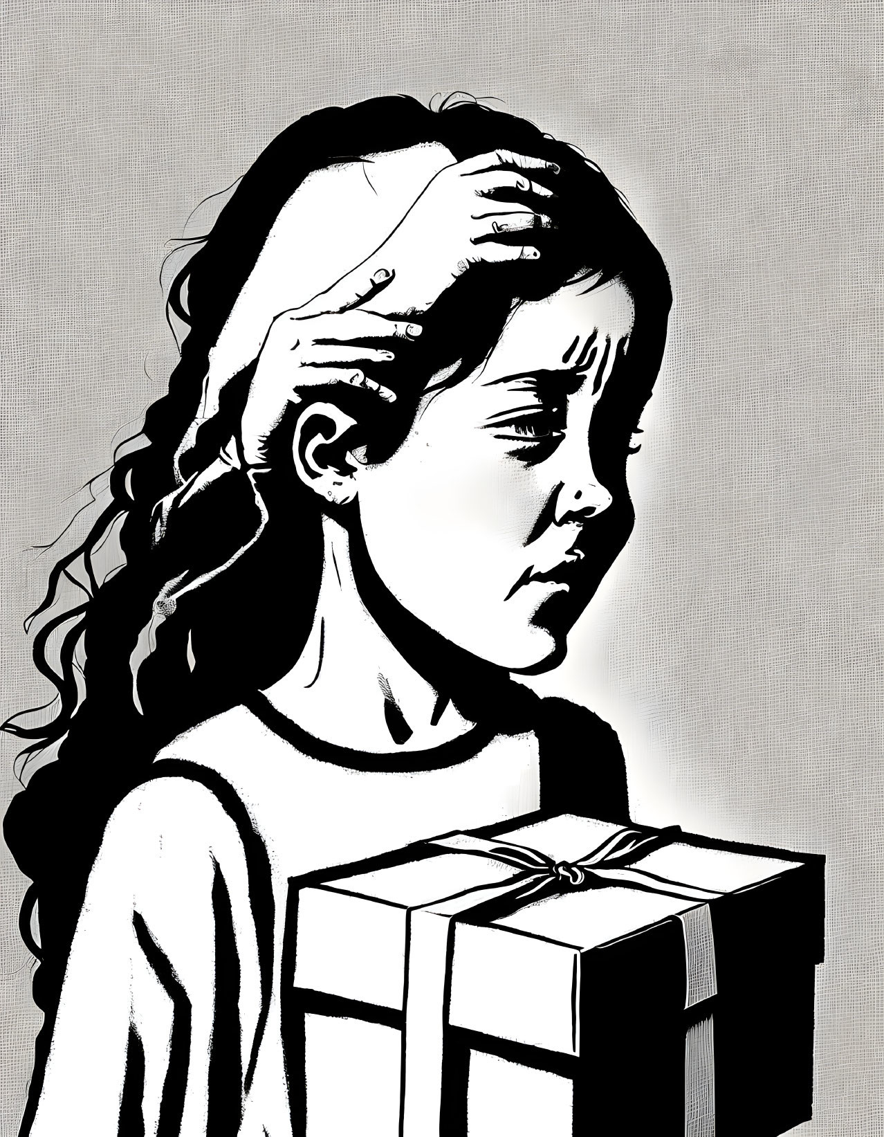 Monochrome illustration of puzzled girl with gift