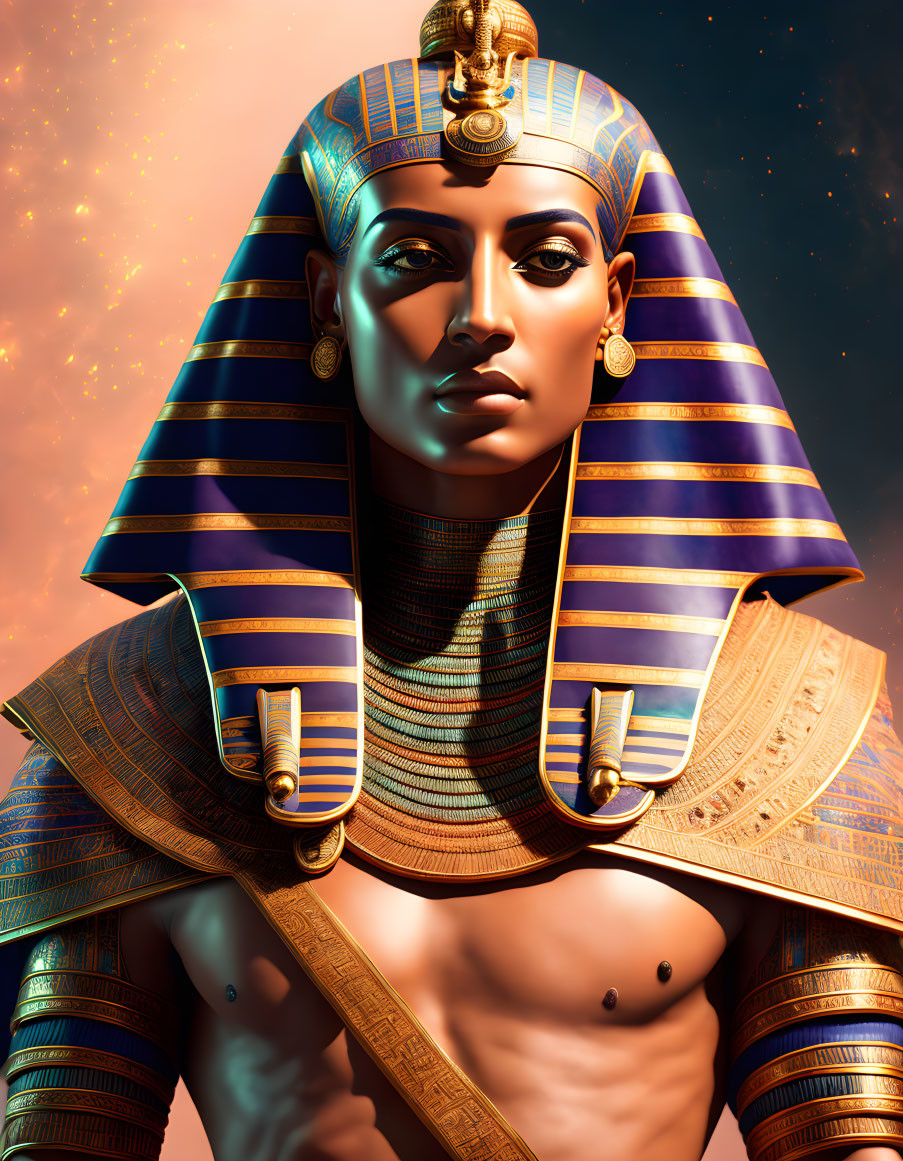 Digital artwork: Pharaoh with Egyptian headdress, jewelry, golden torso, starry backdrop