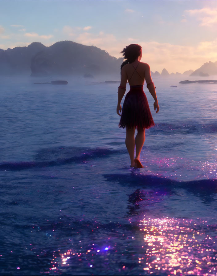 Person standing in shallow water gazes at misty horizon with mountains and sunlit sea