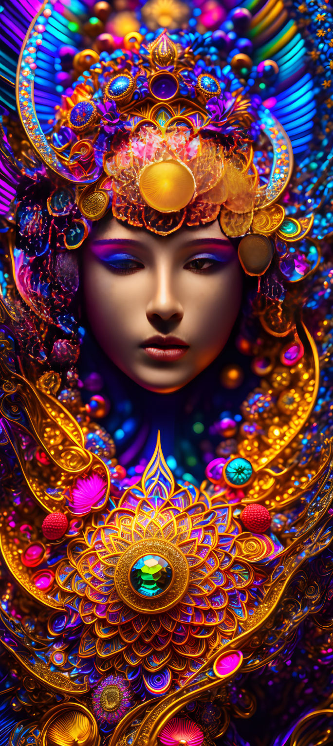 Vividly colored digital artwork of figure with ornate gold headpieces, vibrant blue accents, gem