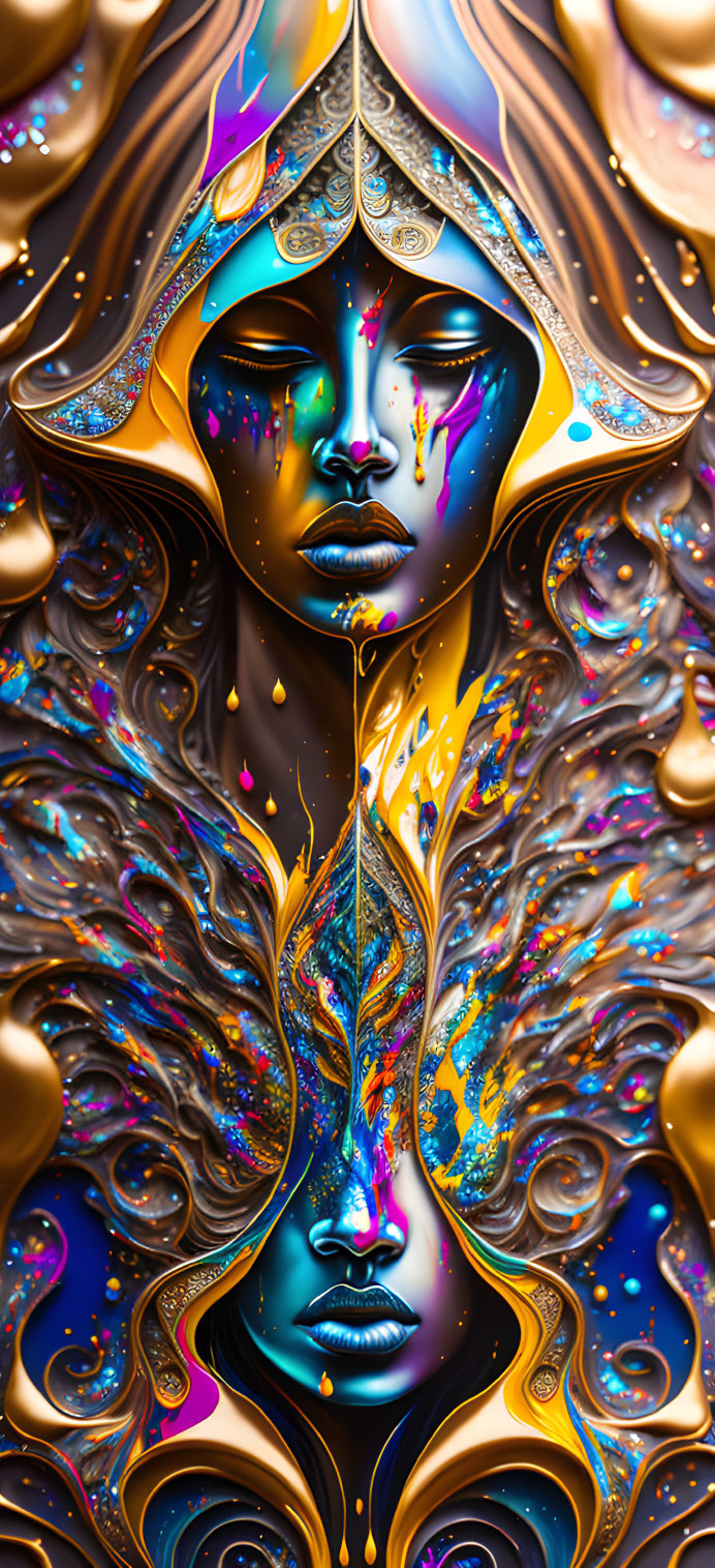 Symmetrical face digital artwork with intricate patterns and vivid colors