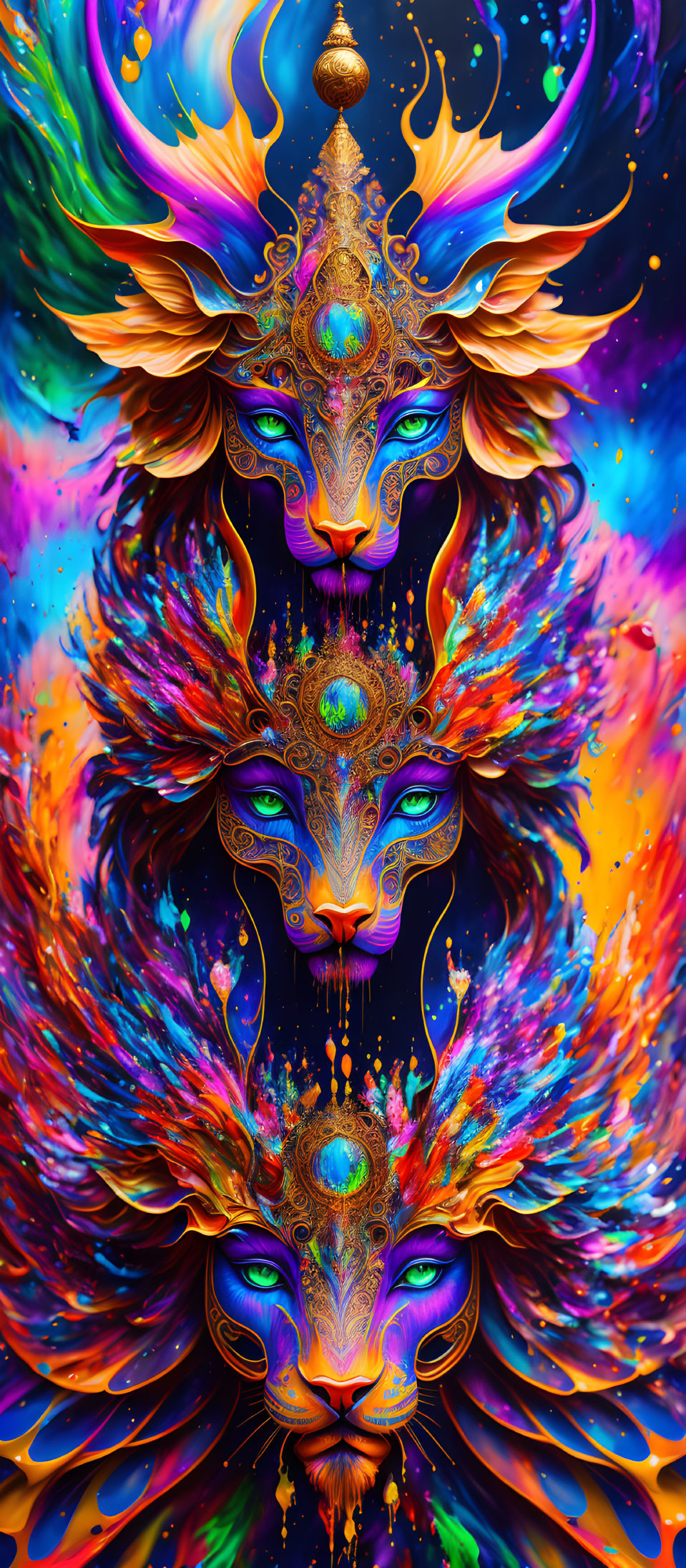 Colorful Digital Artwork: Three Symmetrical Faces with Elaborate Headdresses