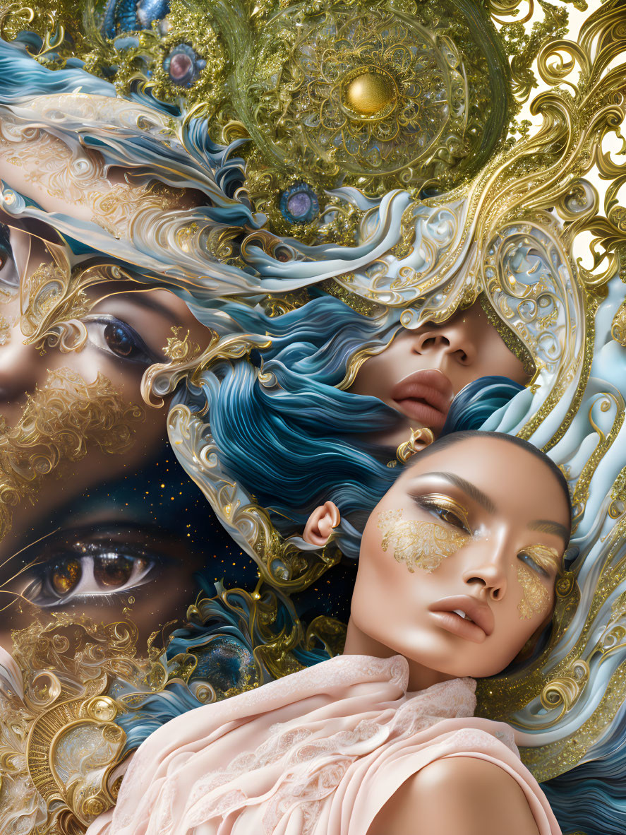 Digital illustration: Three faces with golden designs, celestial elements, and wavy hair in fantastical composition