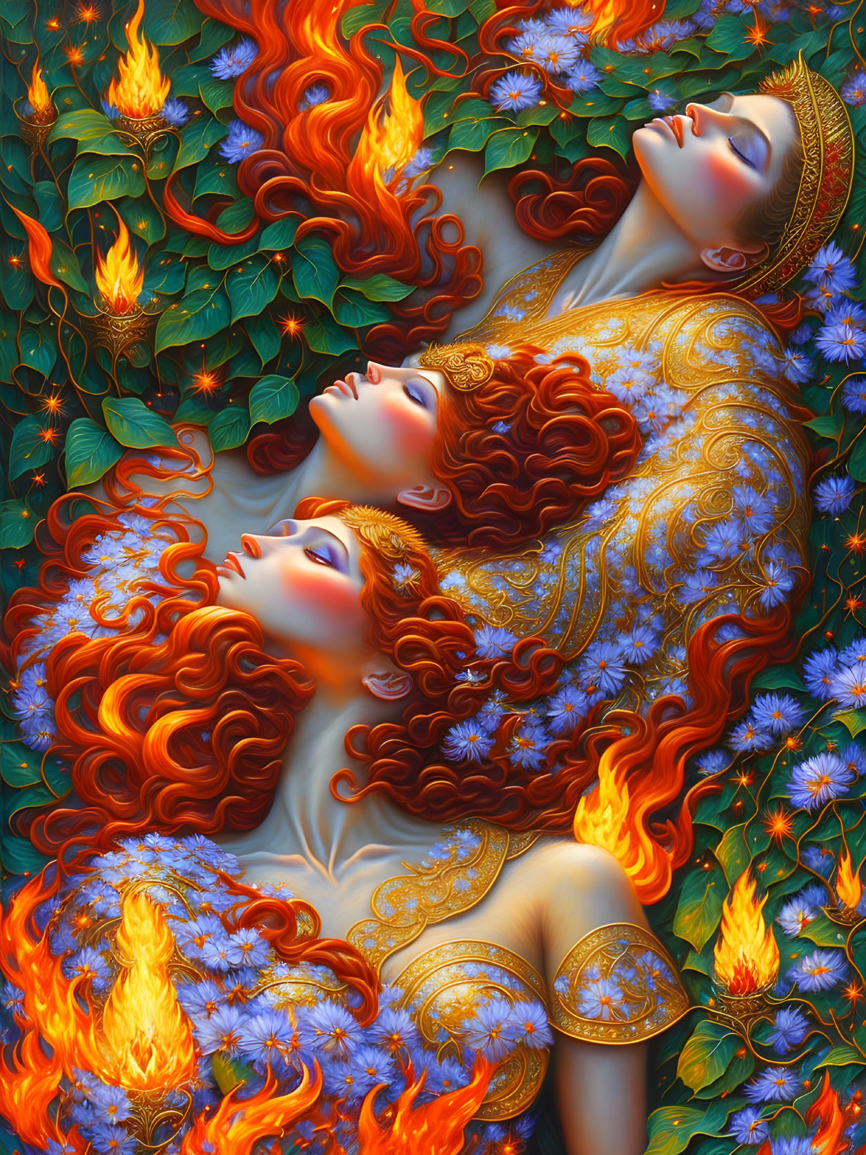 Women in golden jewelry surrounded by flames and blue flowers with red hair.