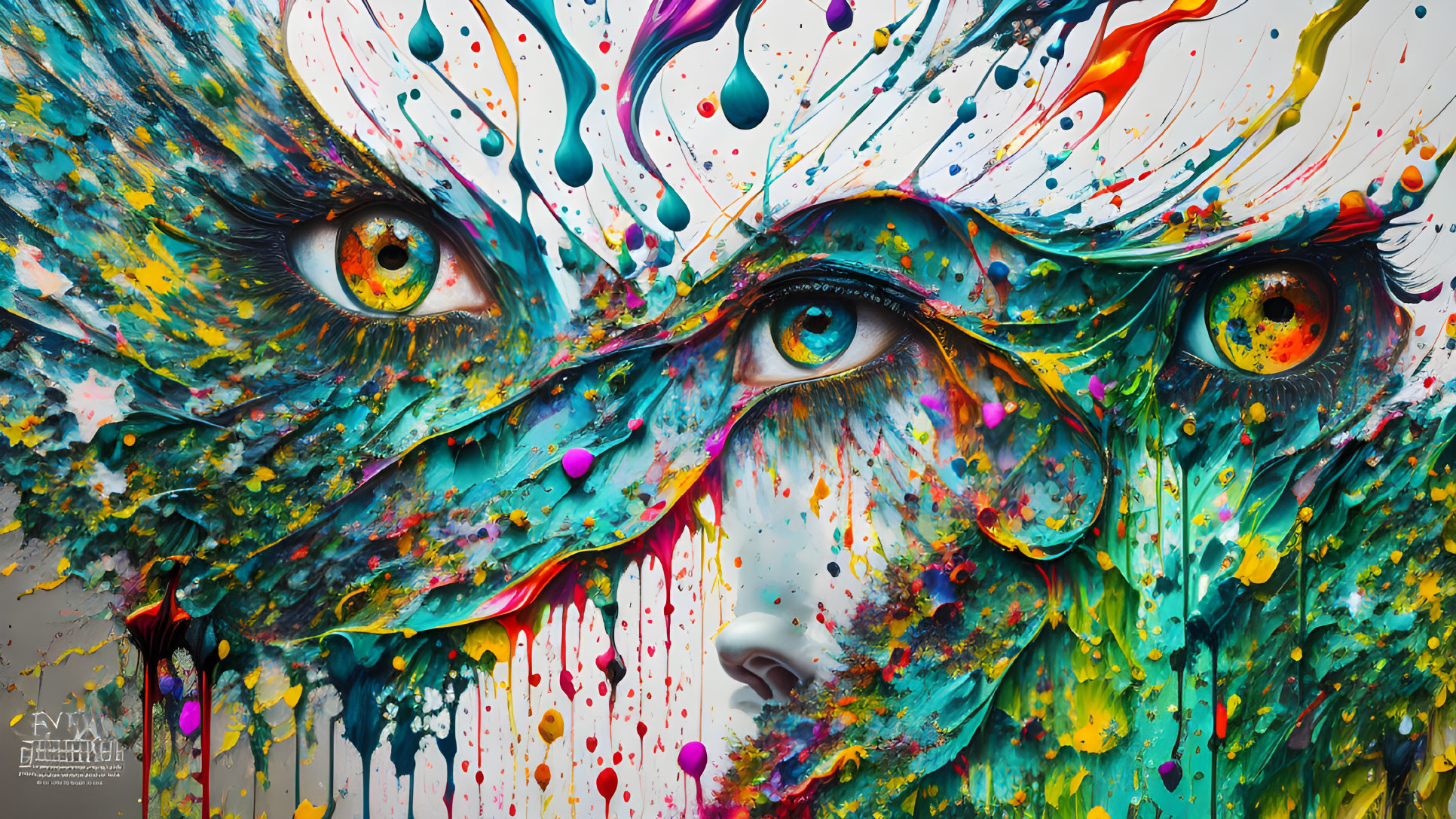 Colorful digital artwork: Woman's face with vibrant paint splashes