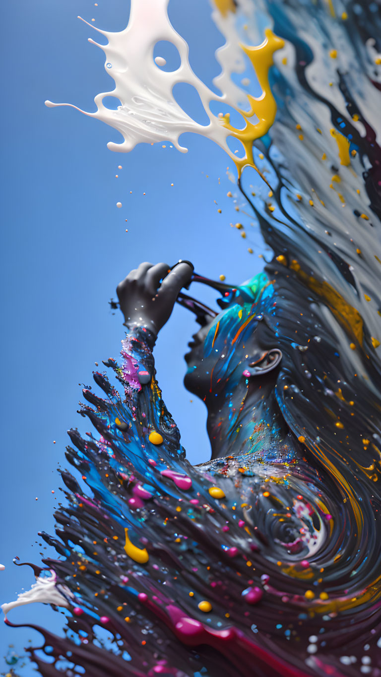 Colorful liquid splashes around stylized figure