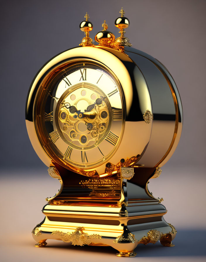 Gold and Black Mechanical Clock with Visible Gears and Roman Numerals on Pedestal